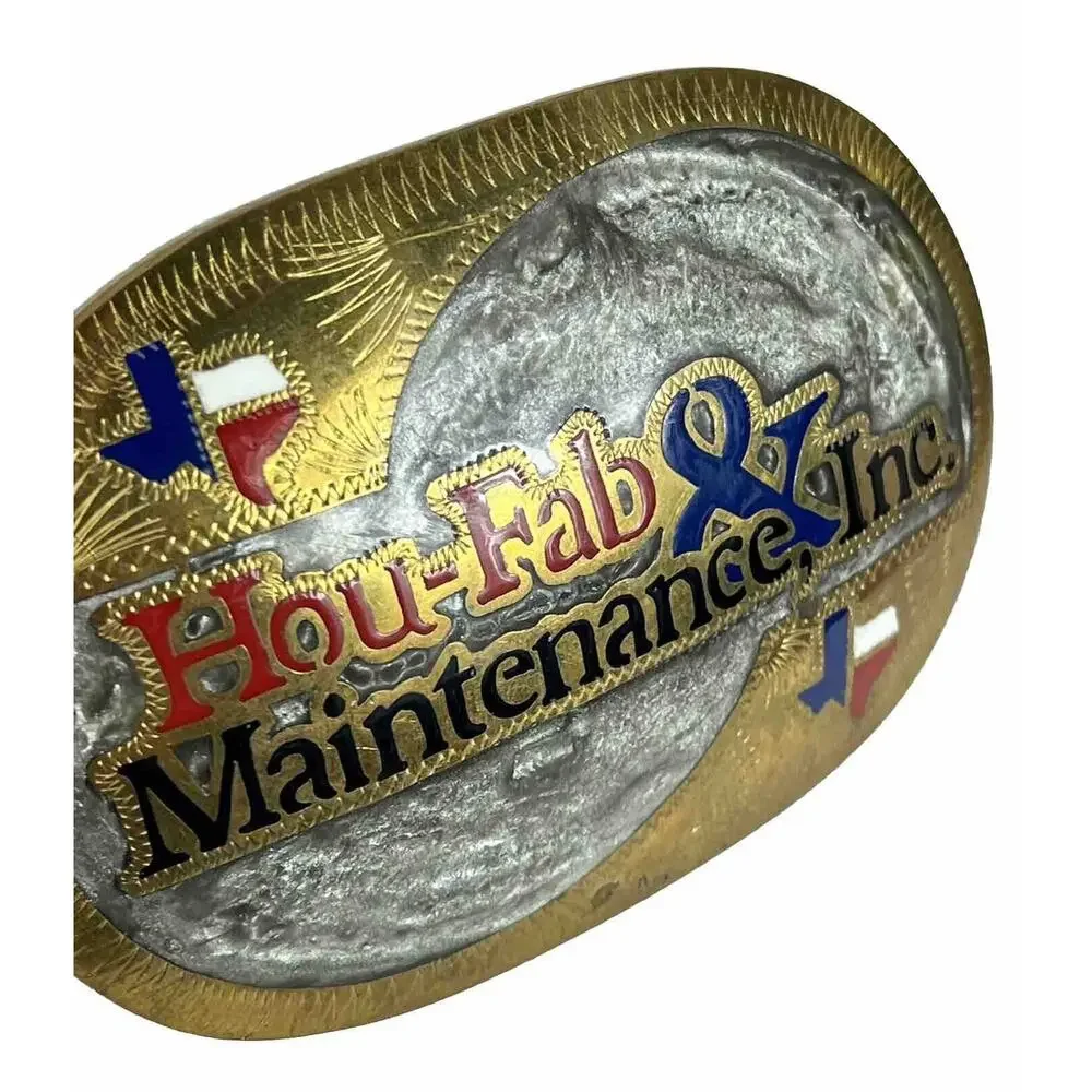 Hou-Fab Maintenance Custom Houston Livestock Show Rodeo Belt Buckle w Inlays VTG